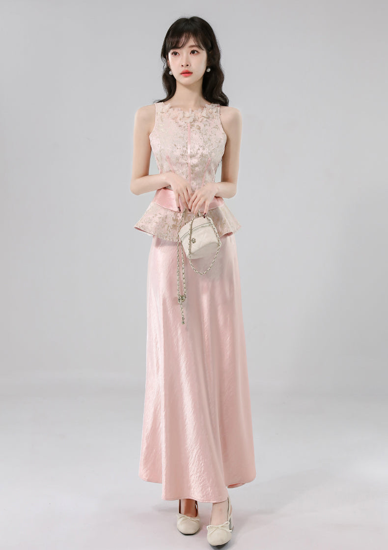 Gauze Flower Jacquard Peplum Top With Satin A-Line Skirt