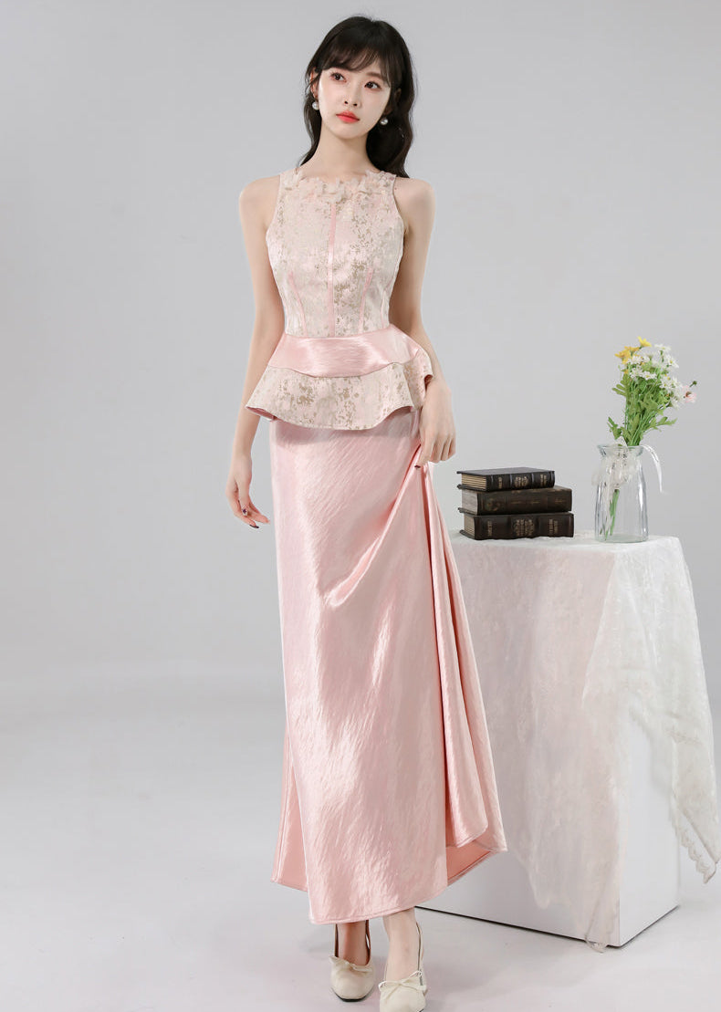 Gauze Flower Jacquard Peplum Top With Satin A-Line Skirt
