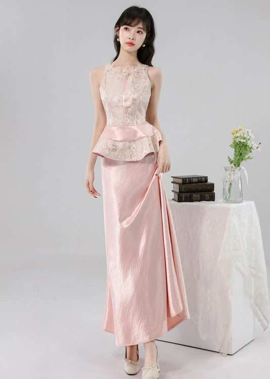 Gauze Flower Jacquard Peplum Top With Satin A-Line Skirt