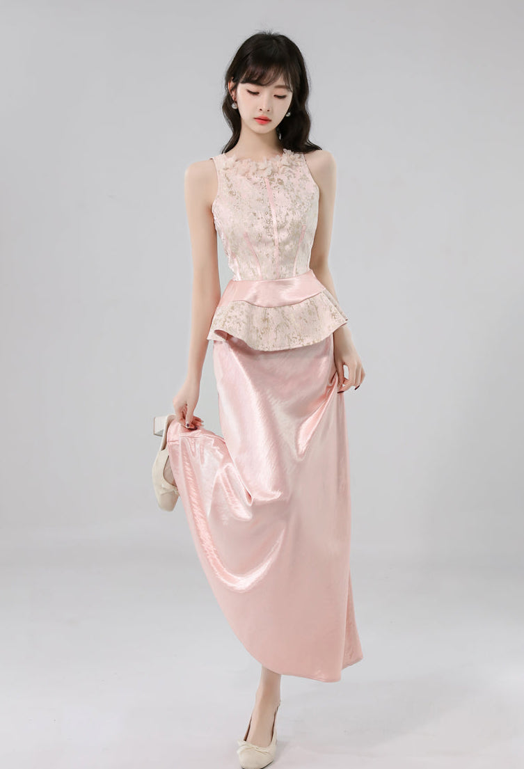 Gauze Flower Jacquard Peplum Top With Satin A-Line Skirt