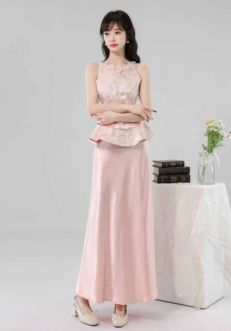Gauze Flower Jacquard Peplum Top With Satin A-Line Skirt