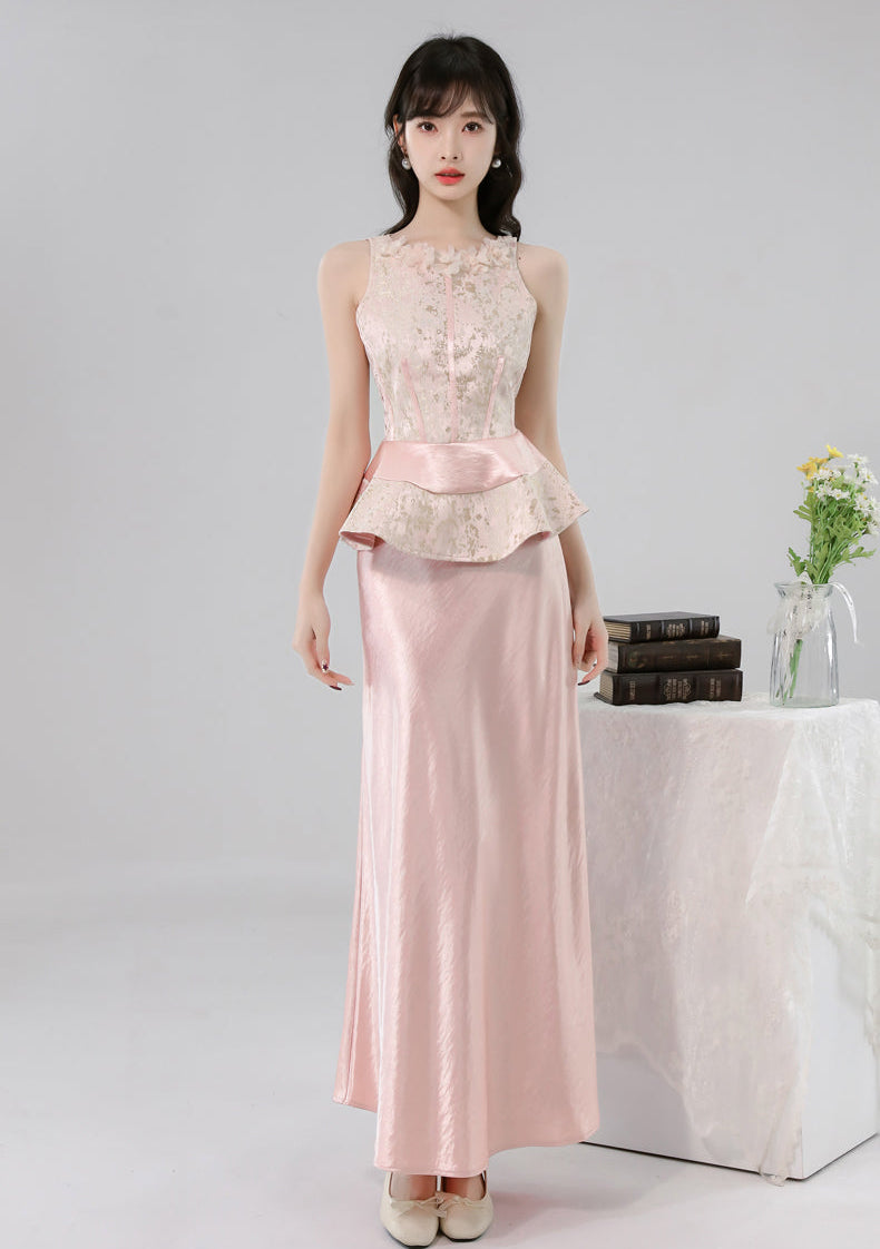 Gauze Flower Jacquard Peplum Top With Satin A-Line Skirt