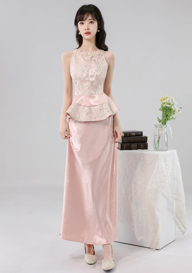 Gauze Flower Jacquard Peplum Top With Satin A-Line Skirt