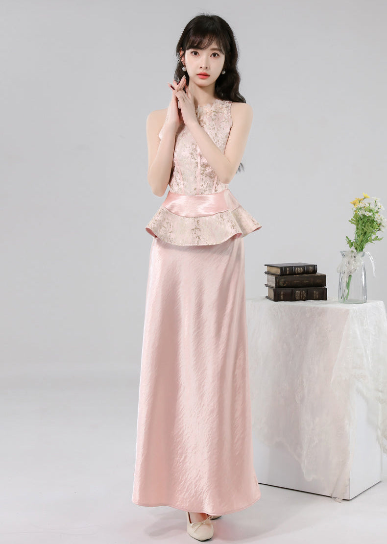 Gauze Flower Jacquard Peplum Top With Satin A-Line Skirt