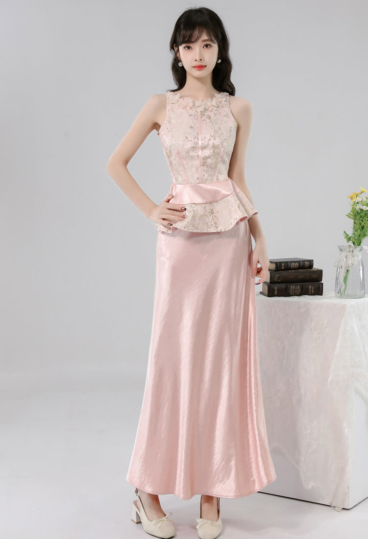Gauze Flower Jacquard Peplum Top With Satin A-Line Skirt