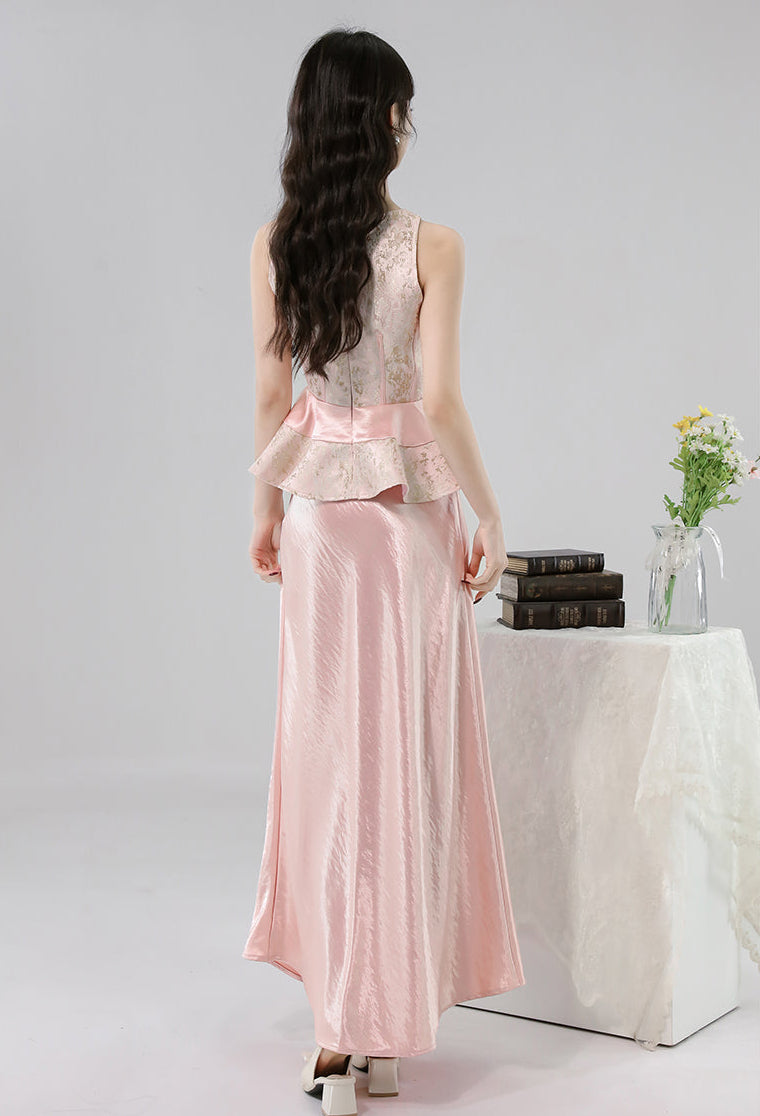 Gauze Flower Jacquard Peplum Top With Satin A-Line Skirt
