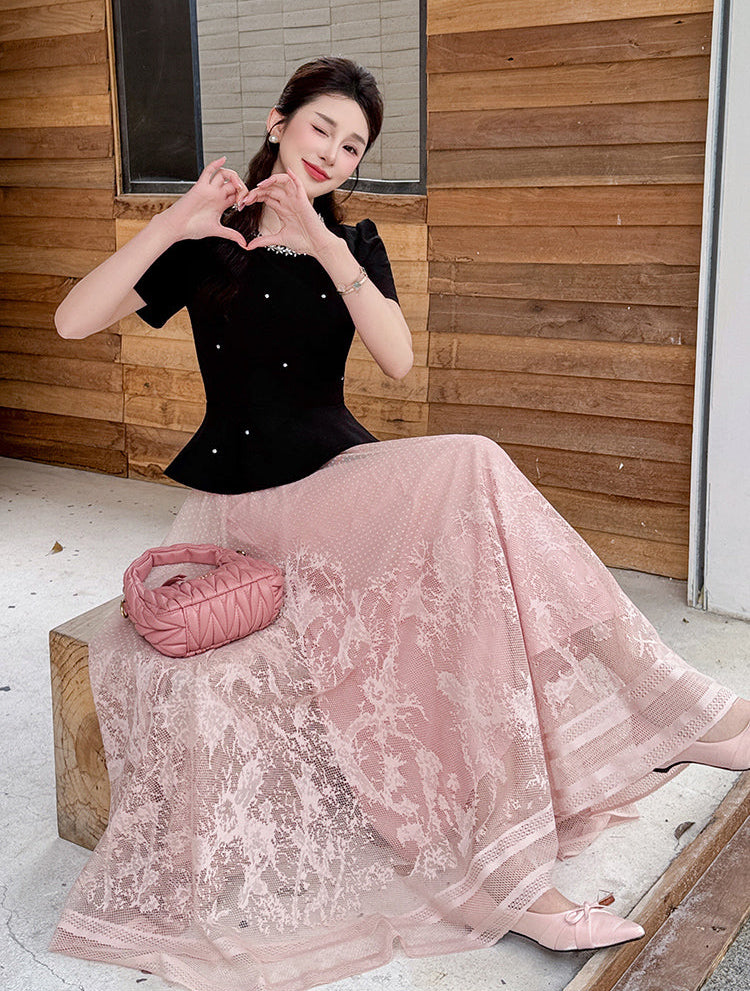 Vintage-Inspired Peplum Blouse And Embroidered Lace Two-Piece Set-Plus Size