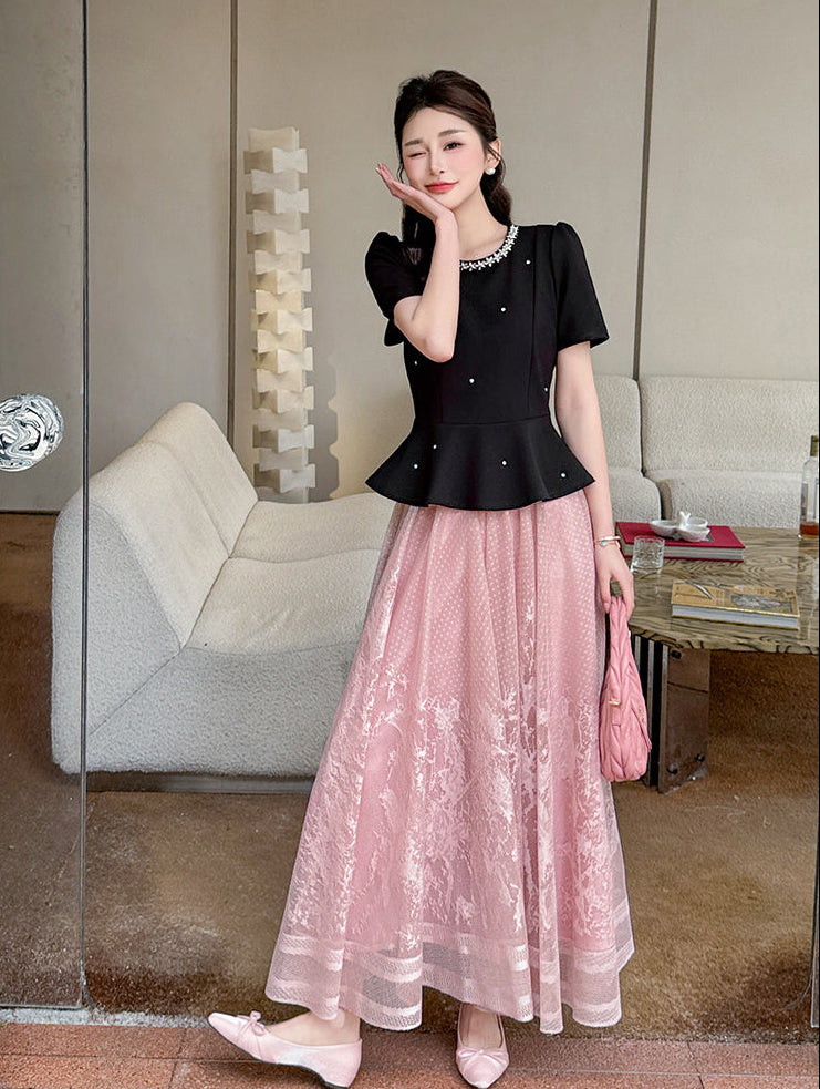 Vintage-Inspired Peplum Blouse And Embroidered Lace Two-Piece Set-Plus Size
