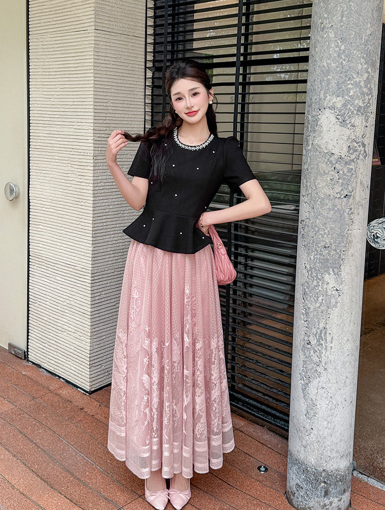 Vintage-Inspired Peplum Blouse And Embroidered Lace Two-Piece Set-Plus Size