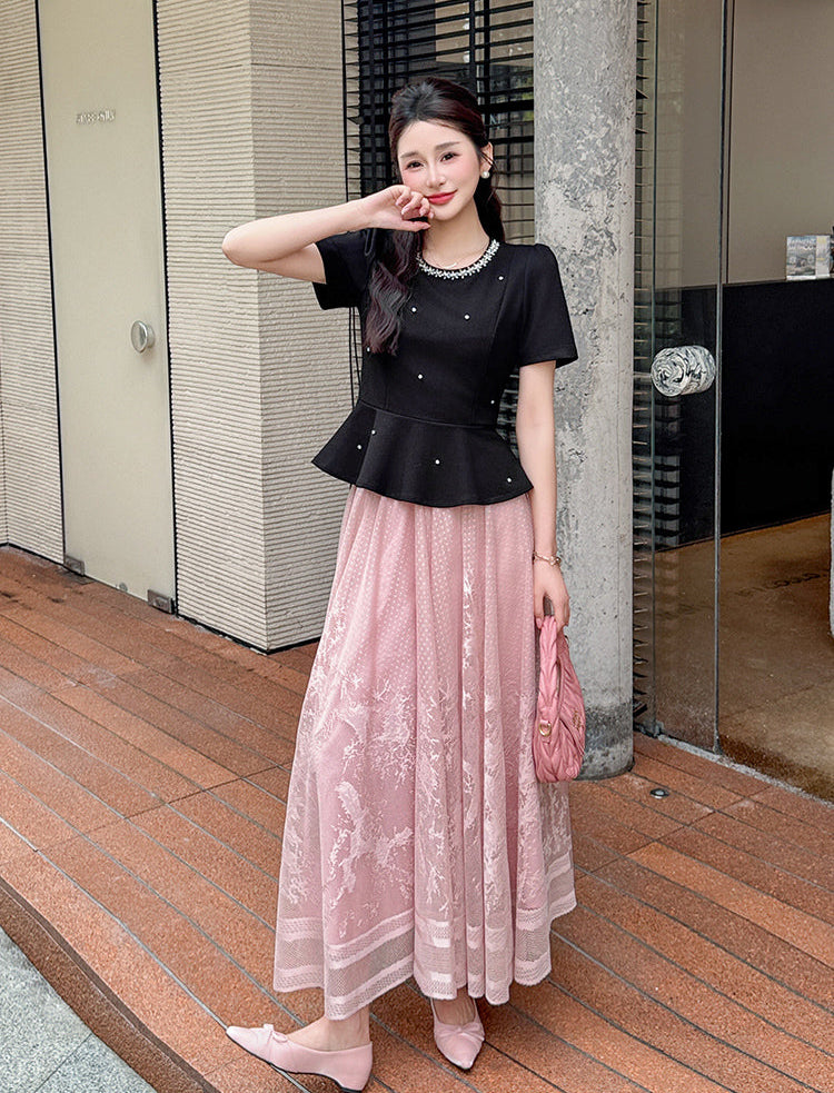 Vintage-Inspired Peplum Blouse And Embroidered Lace Two-Piece Set-Plus Size