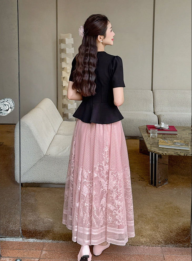 Vintage-Inspired Peplum Blouse And Embroidered Lace Two-Piece Set-Plus Size