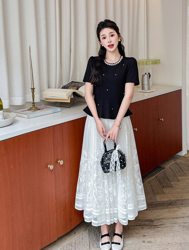 Vintage-Inspired Peplum Blouse And Embroidered Lace Two-Piece Set-Plus Size
