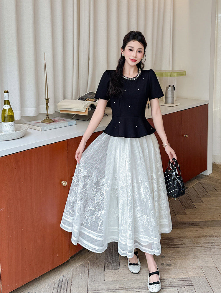 Vintage-Inspired Peplum Blouse And Embroidered Lace Two-Piece Set-Plus Size