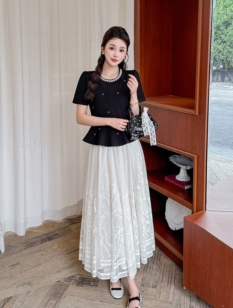 Vintage-Inspired Peplum Blouse And Embroidered Lace Two-Piece Set-Plus Size