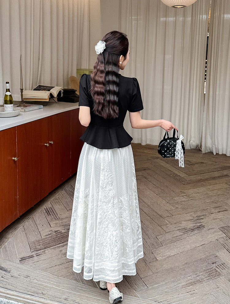 Vintage-Inspired Peplum Blouse And Embroidered Lace Two-Piece Set-Plus Size
