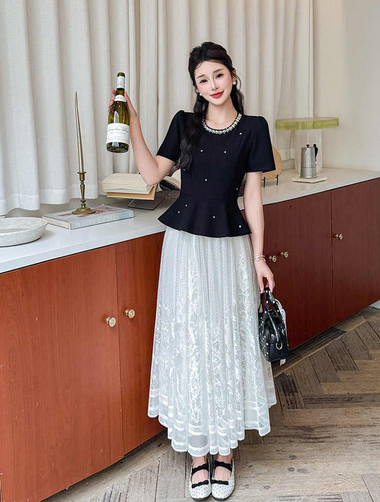 Vintage-Inspired Peplum Blouse And Embroidered Lace Two-Piece Set-Plus Size