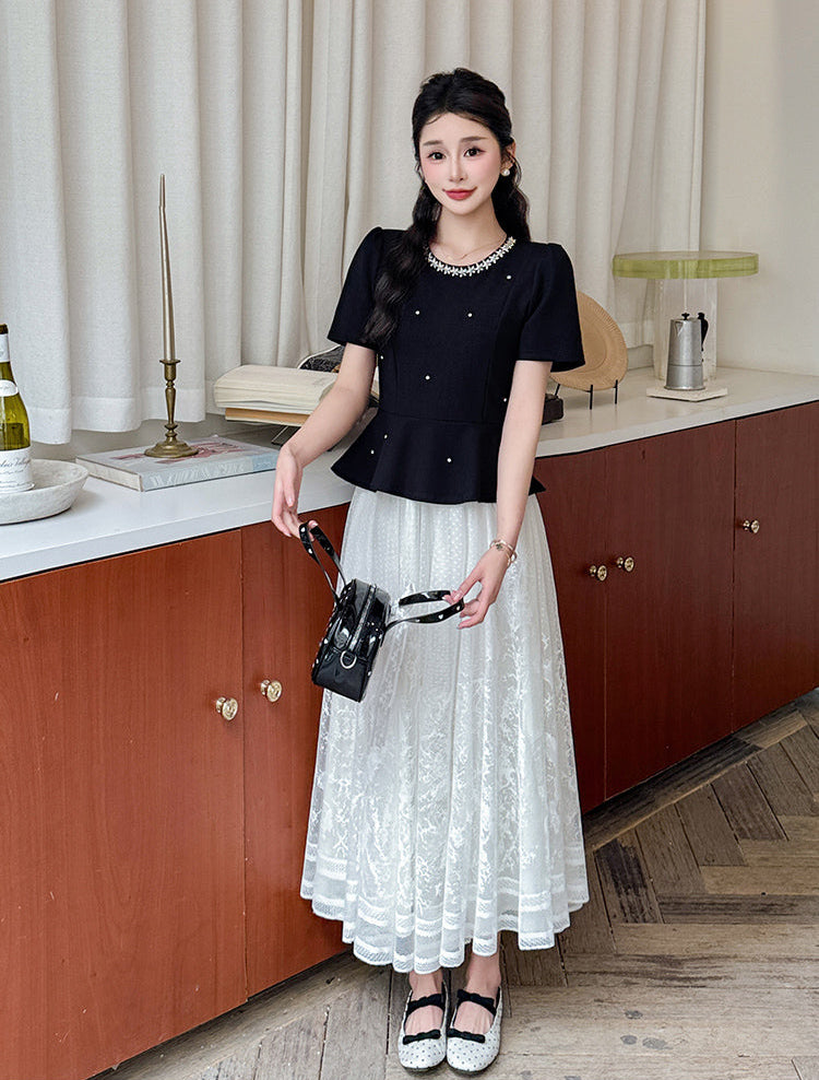 Vintage-Inspired Peplum Blouse And Embroidered Lace Two-Piece Set-Plus Size