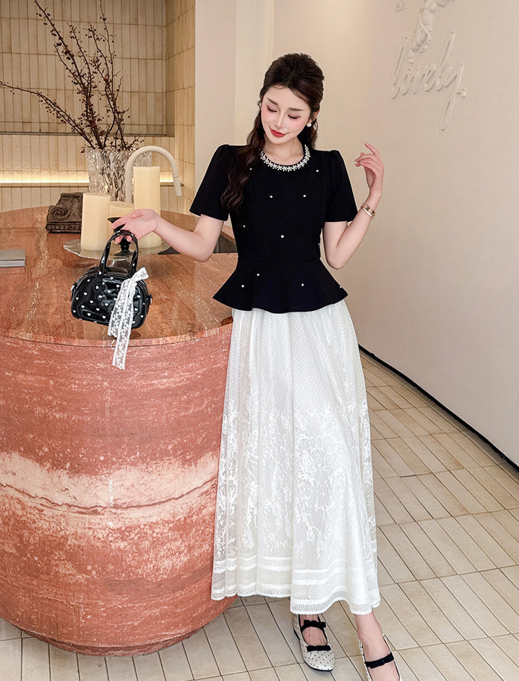 Vintage-Inspired Peplum Blouse And Embroidered Lace Two-Piece Set-Plus Size