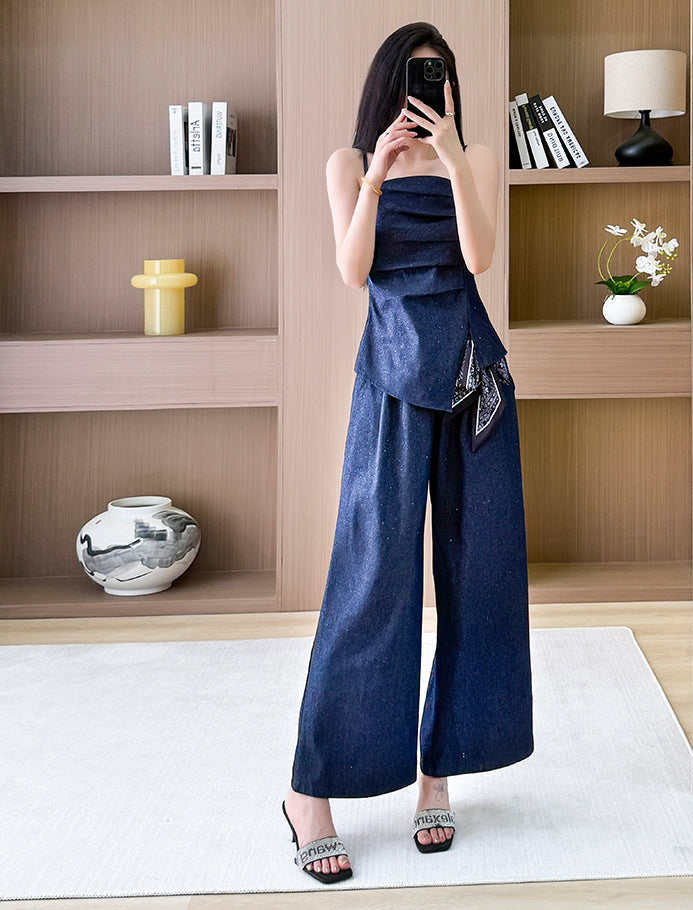 Chic Denim Two-Piece Set With Wide-Leg Trousers
