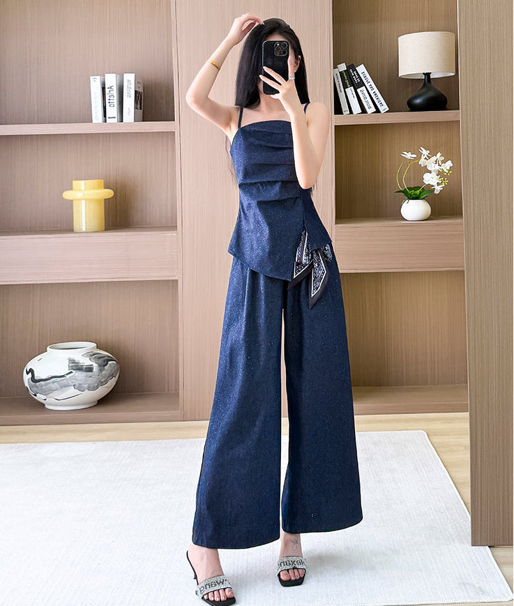 Chic Denim Two-Piece Set With Wide-Leg Trousers