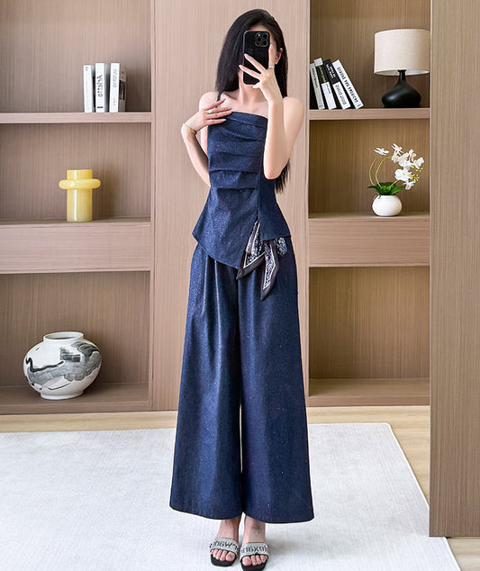 Chic Denim Two-Piece Set With Wide-Leg Trousers