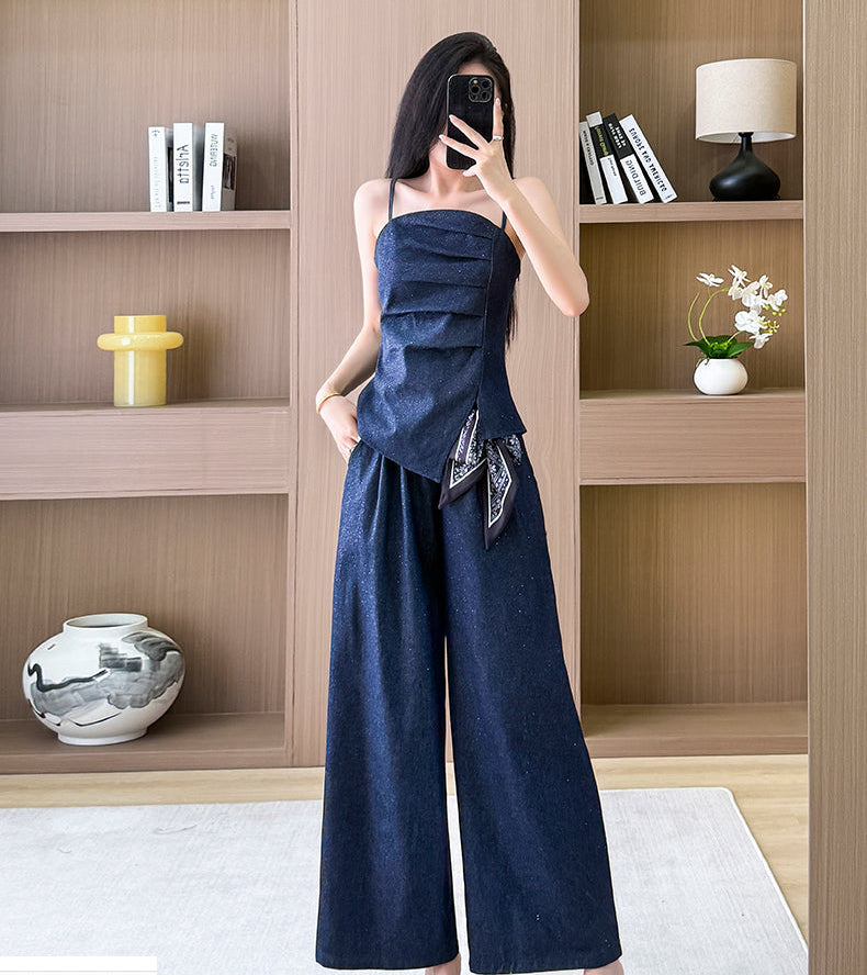Chic Denim Two-Piece Set With Wide-Leg Trousers