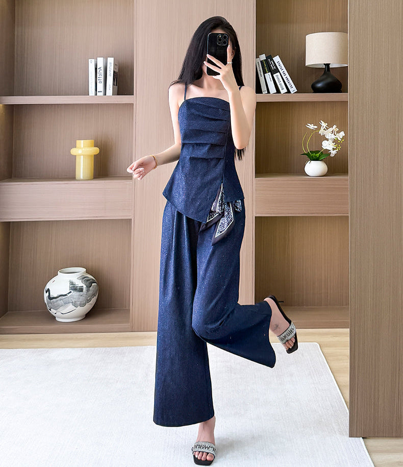 Chic Denim Two-Piece Set With Wide-Leg Trousers