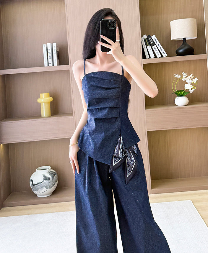 Chic Denim Two-Piece Set With Wide-Leg Trousers