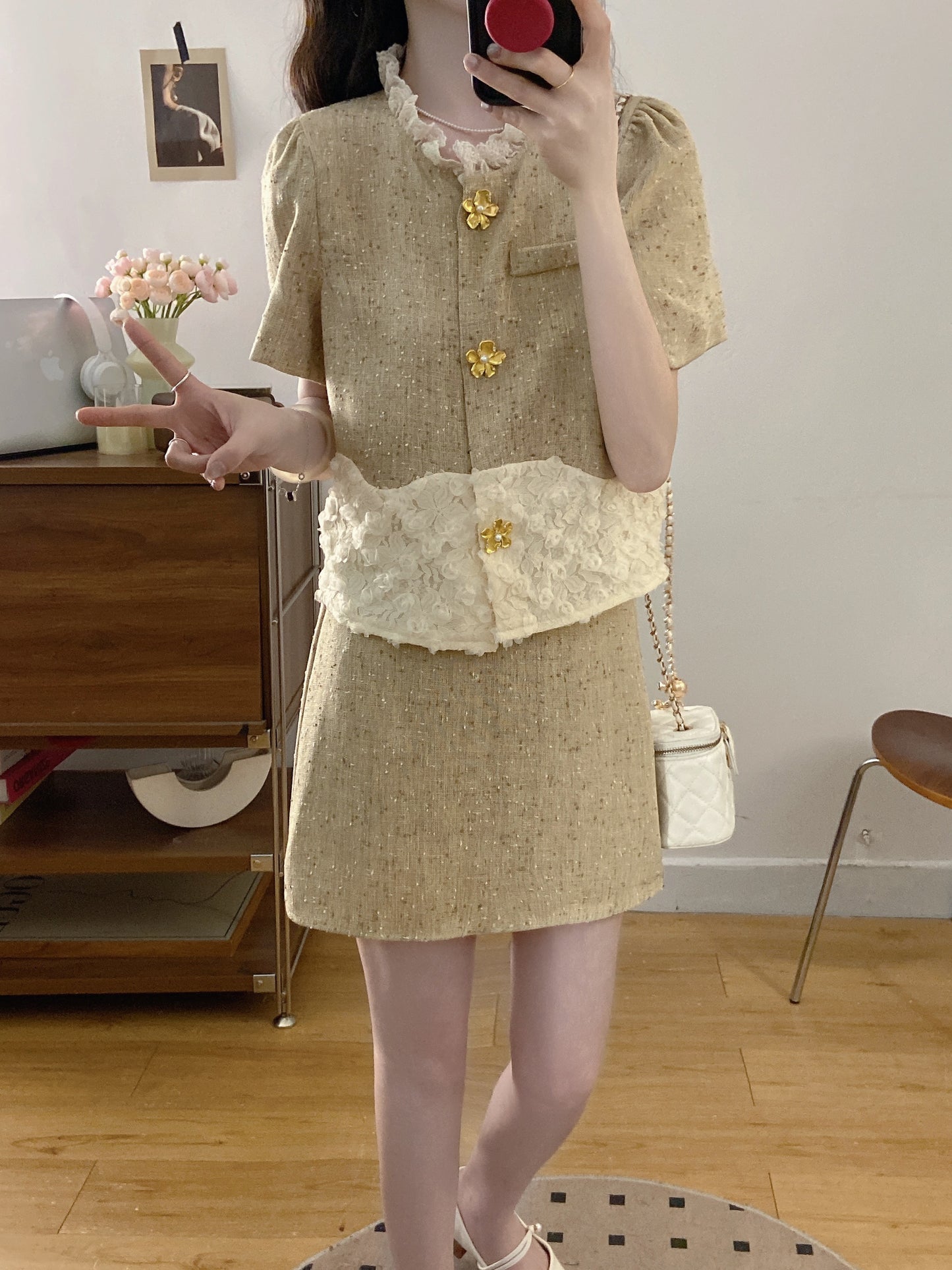 French Style Textured Tweed Co-ord -Lace Patchwork Jacket & Skirt