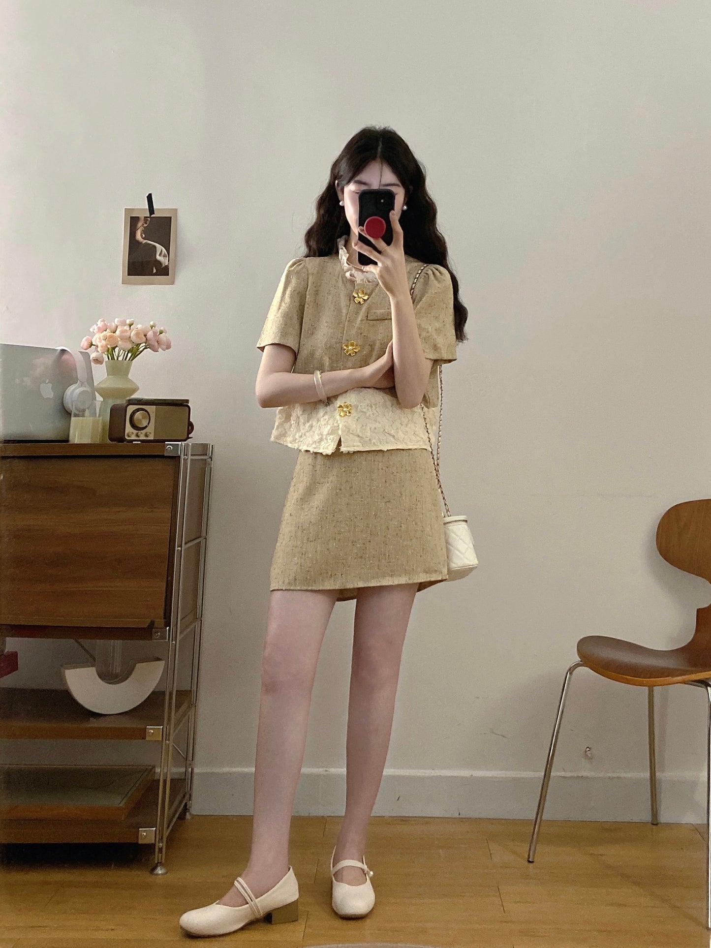 French Style Textured Tweed Co-ord -Lace Patchwork Jacket & Skirt