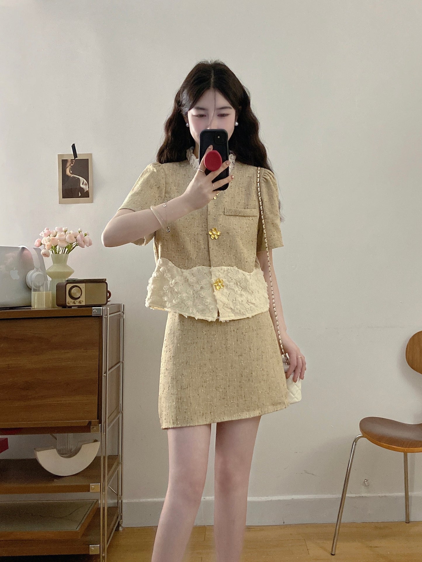 French Style Textured Tweed Co-ord -Lace Patchwork Jacket & Skirt