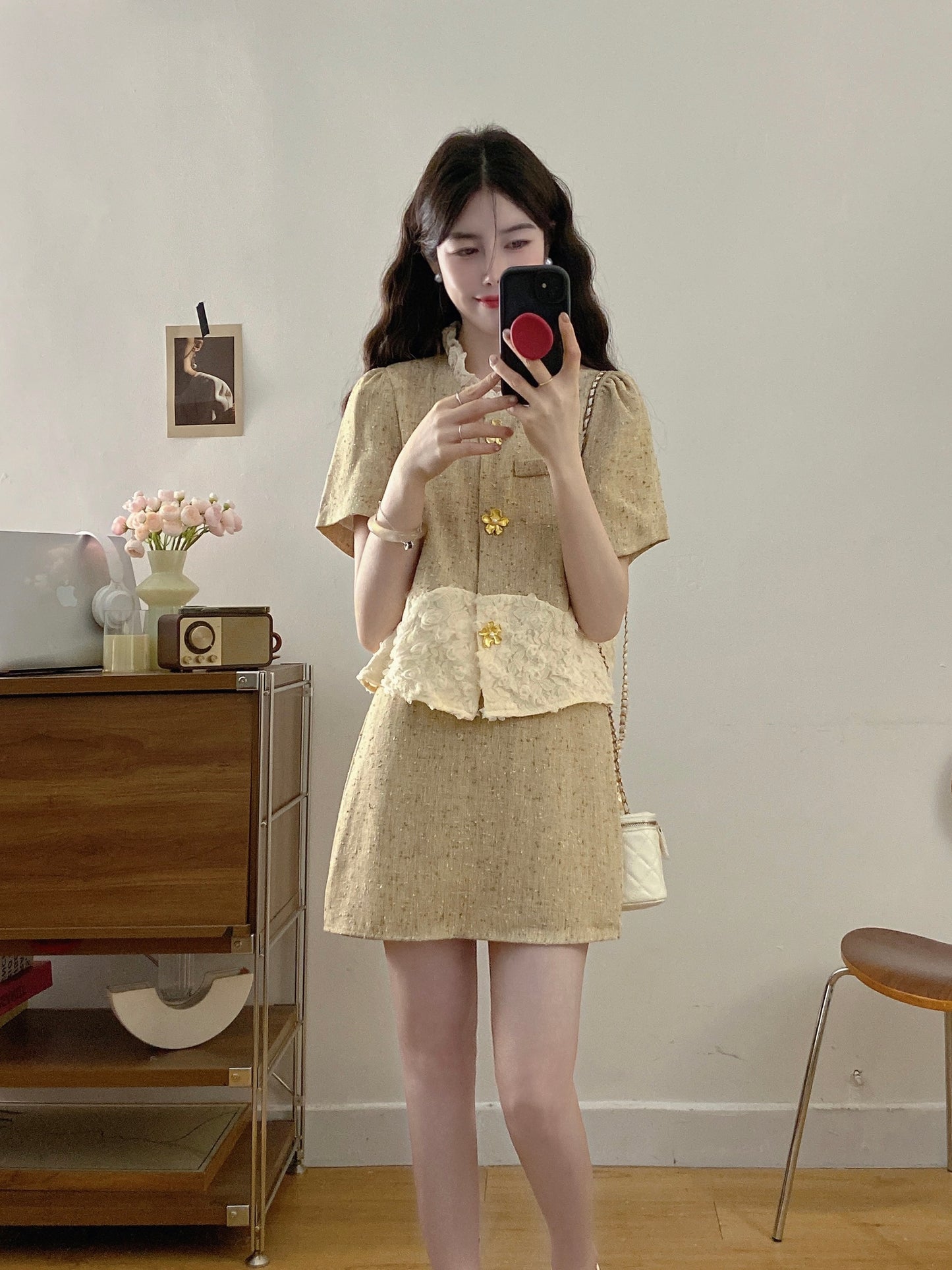 French Style Textured Tweed Co-ord -Lace Patchwork Jacket & Skirt