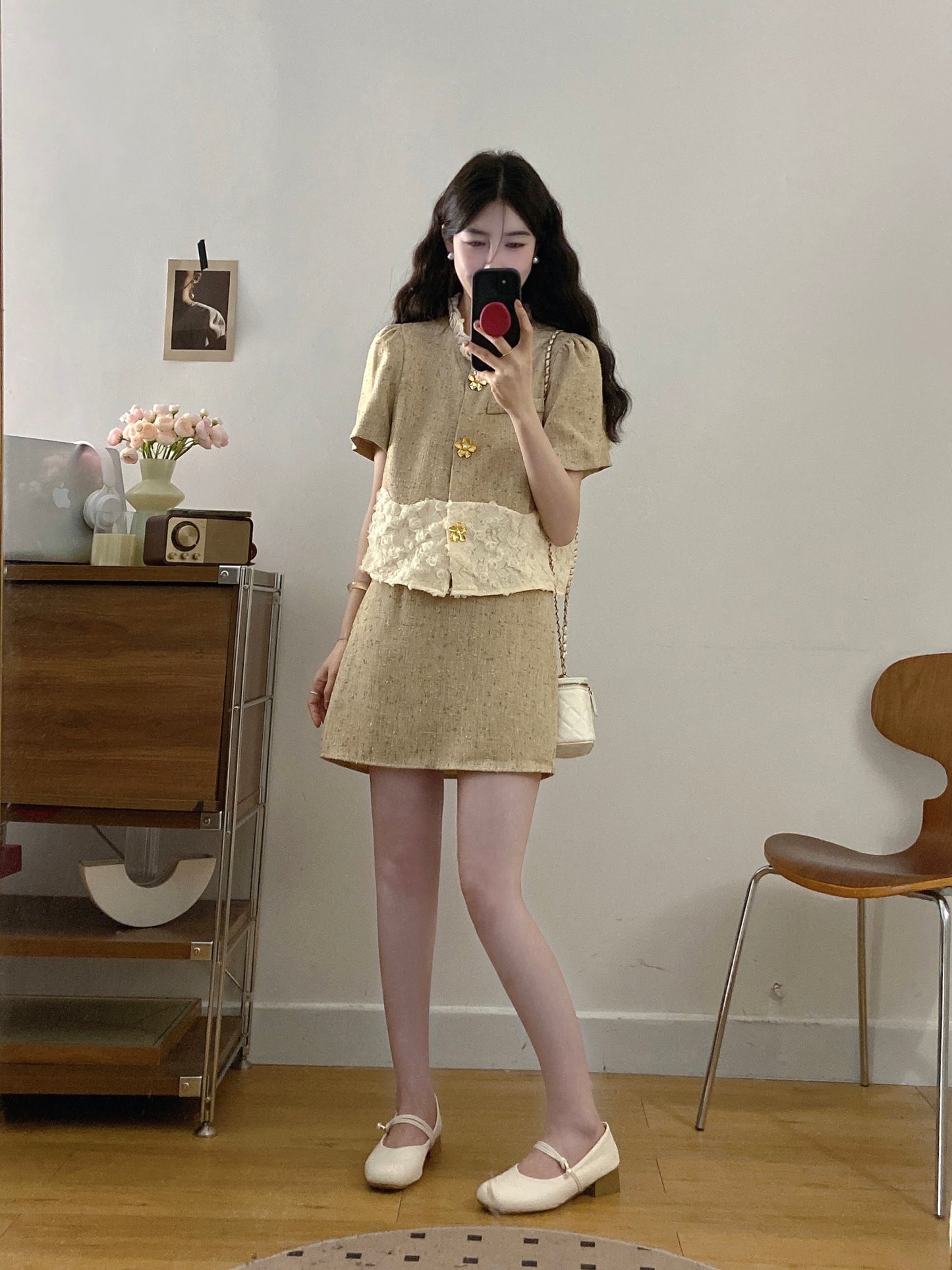French Style Textured Tweed Co-ord -Lace Patchwork Jacket & Skirt