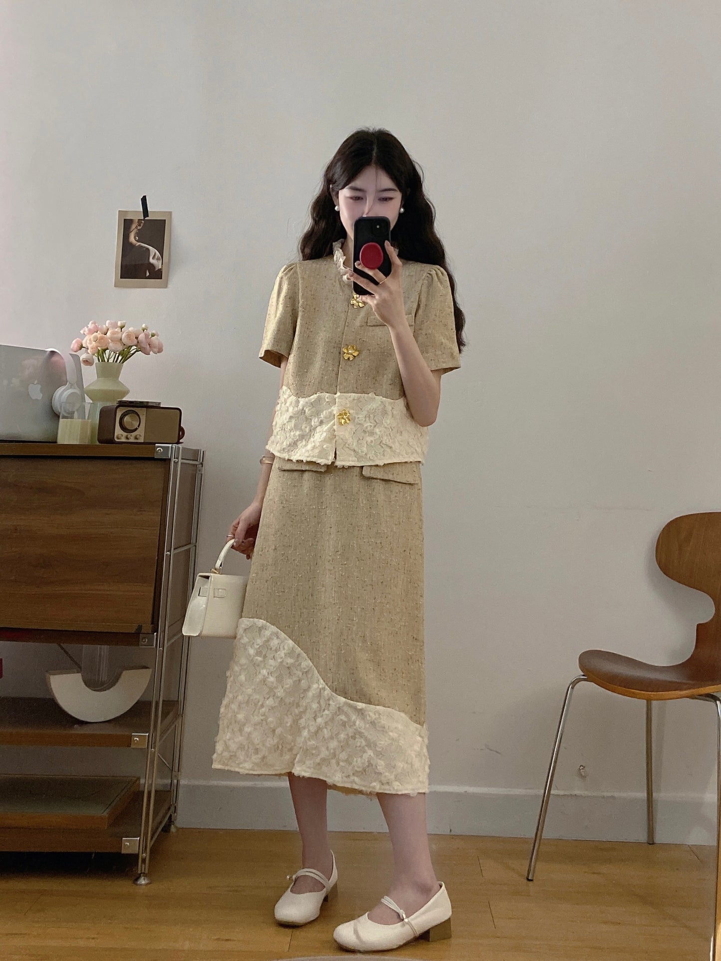 French Style Textured Tweed Co-ord -Lace Patchwork Jacket & Skirt