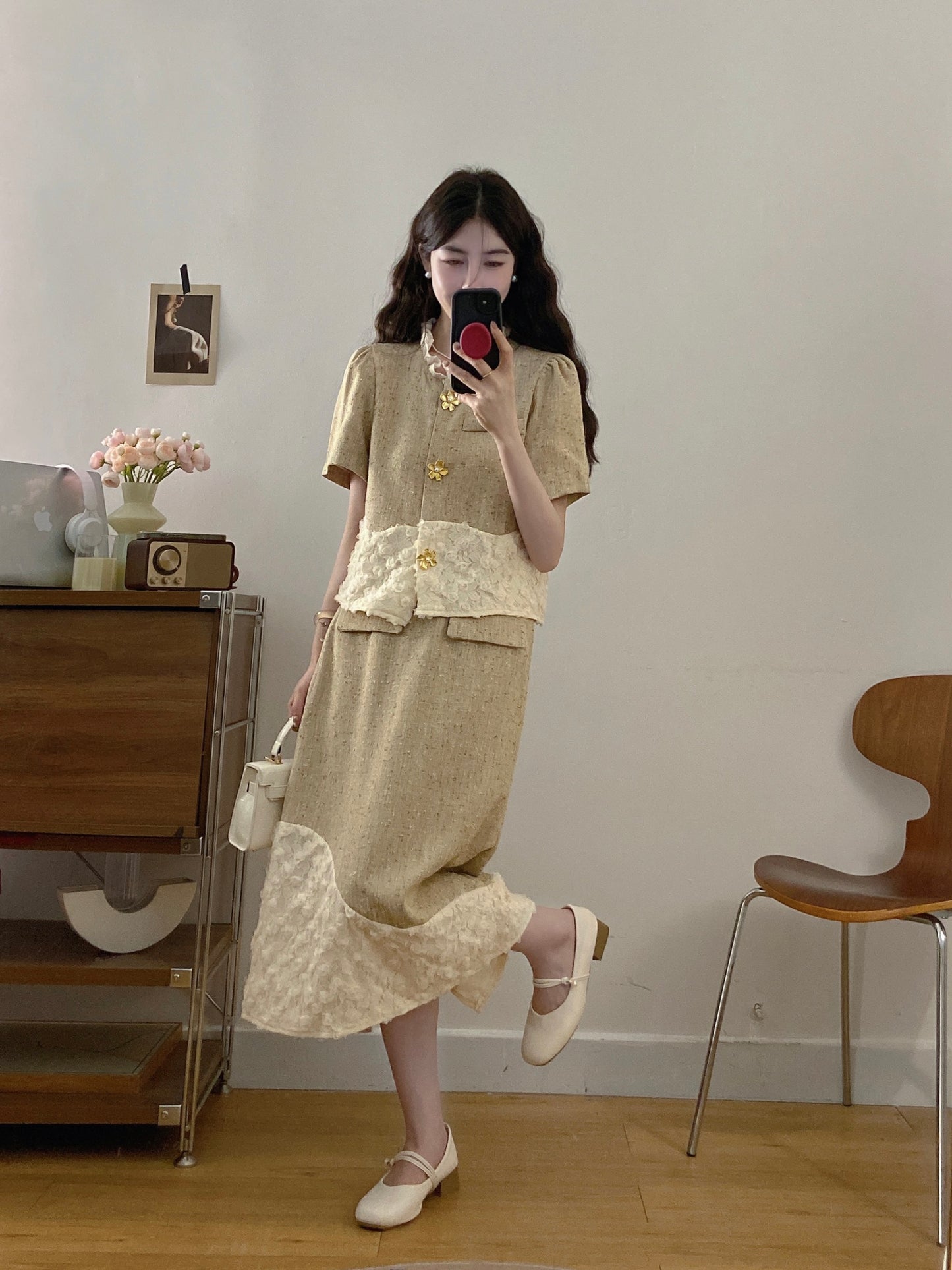 French Style Textured Tweed Co-ord -Lace Patchwork Jacket & Skirt