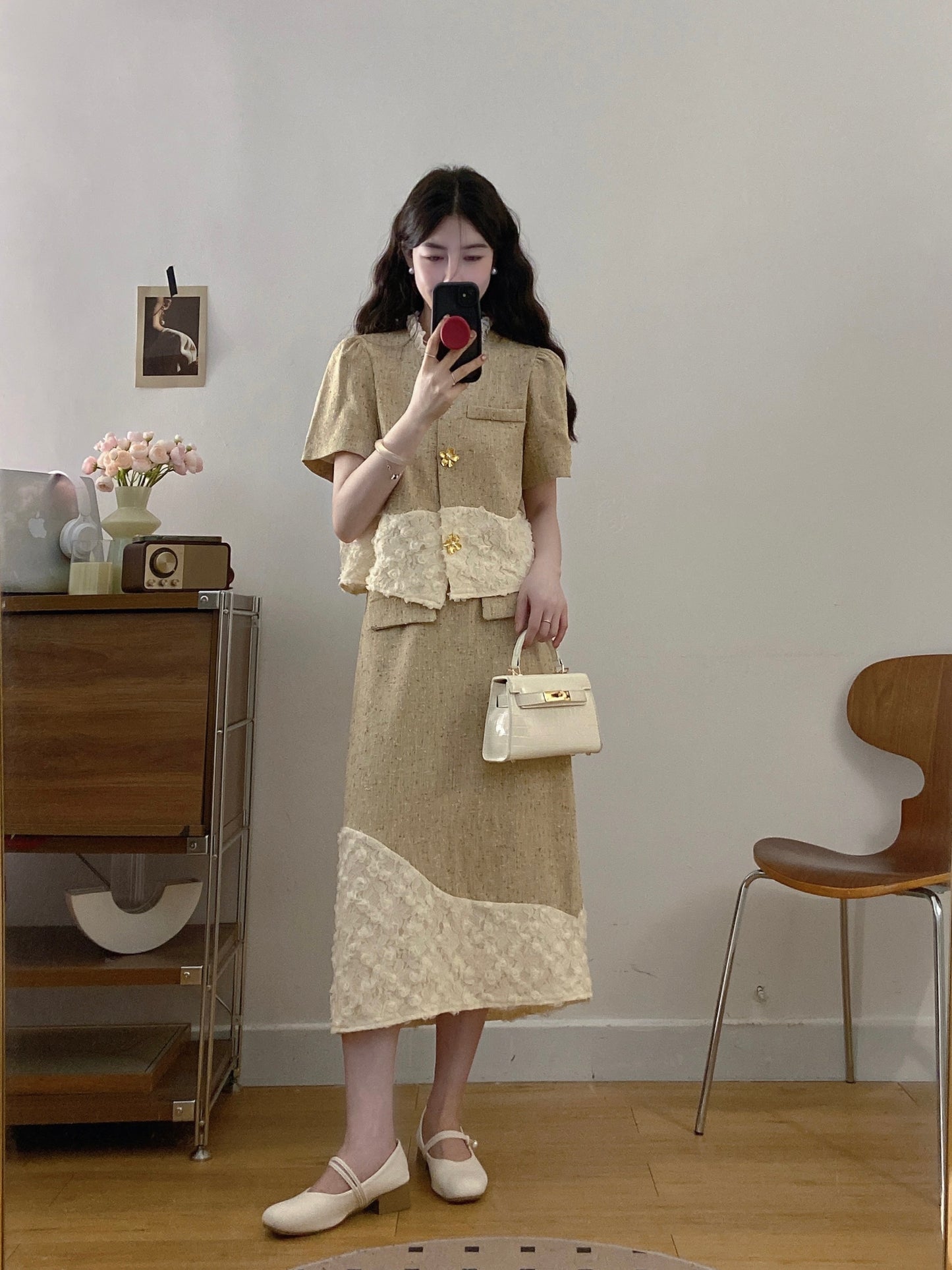 French Style Textured Tweed Co-ord -Lace Patchwork Jacket & Skirt