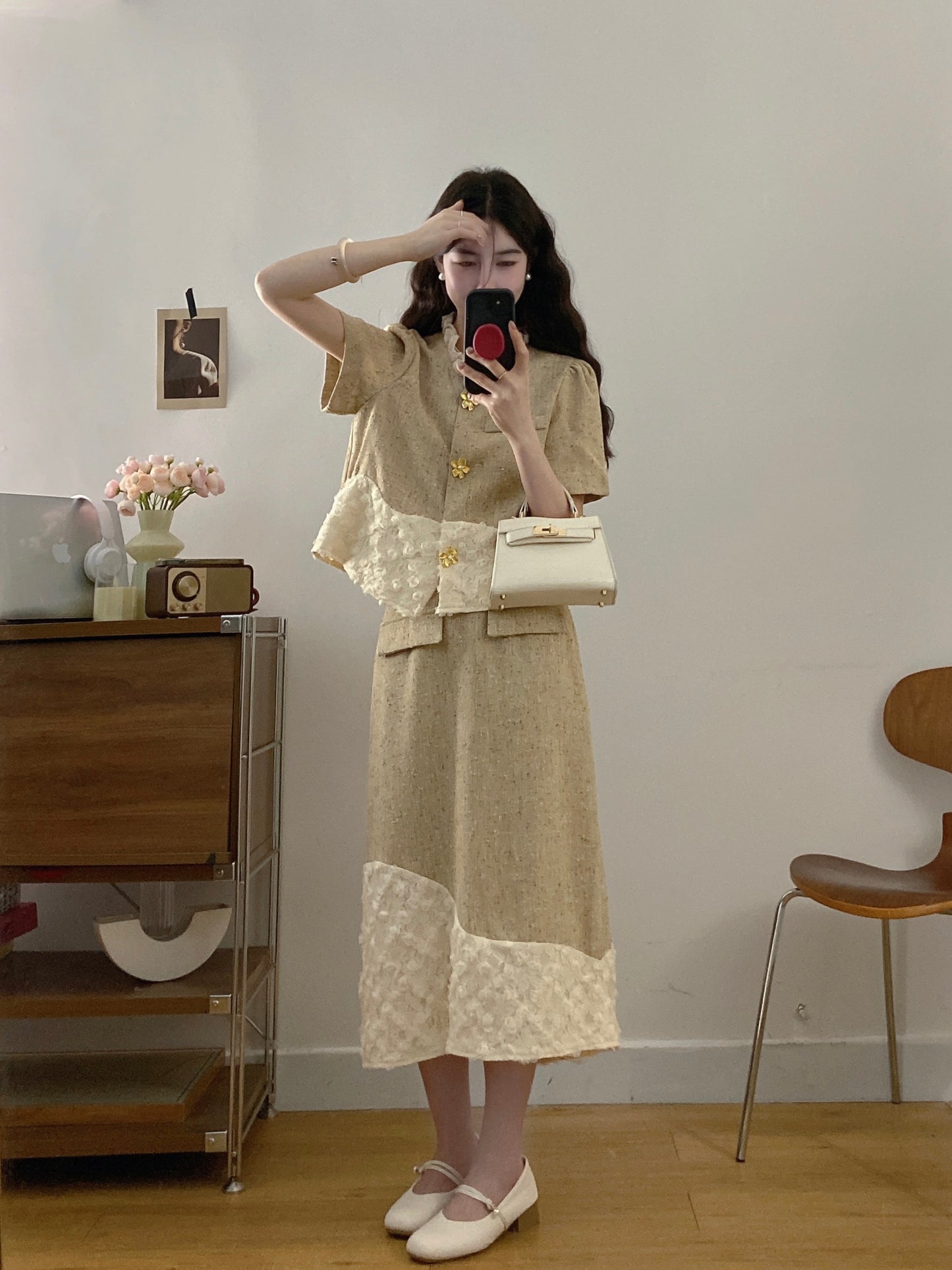 French Style Textured Tweed Co-ord -Lace Patchwork Jacket & Skirt