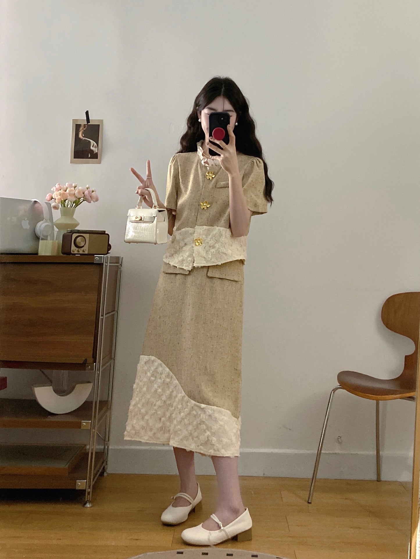 French Style Textured Tweed Co-ord -Lace Patchwork Jacket & Skirt