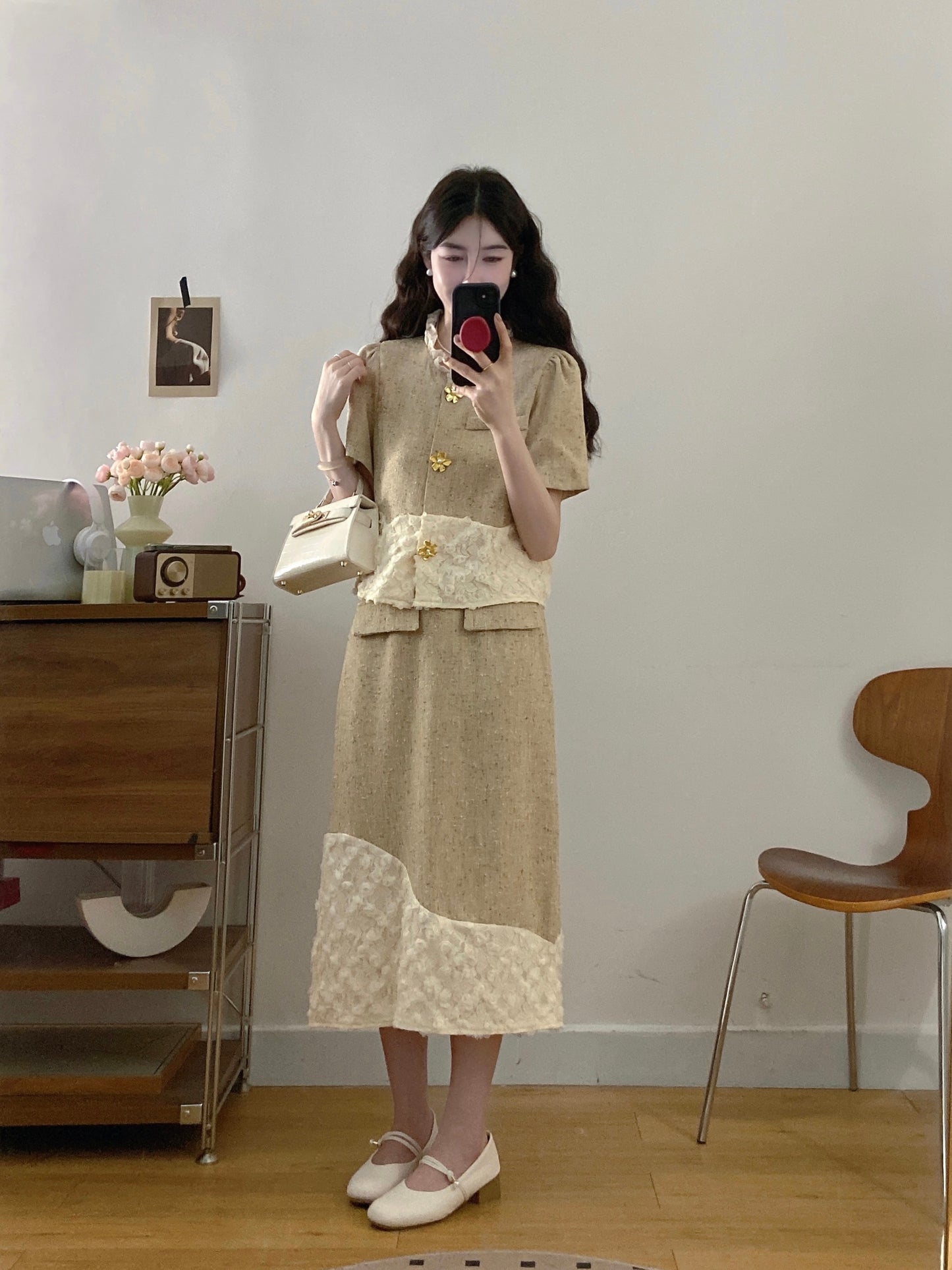 French Style Textured Tweed Co-ord -Lace Patchwork Jacket & Skirt