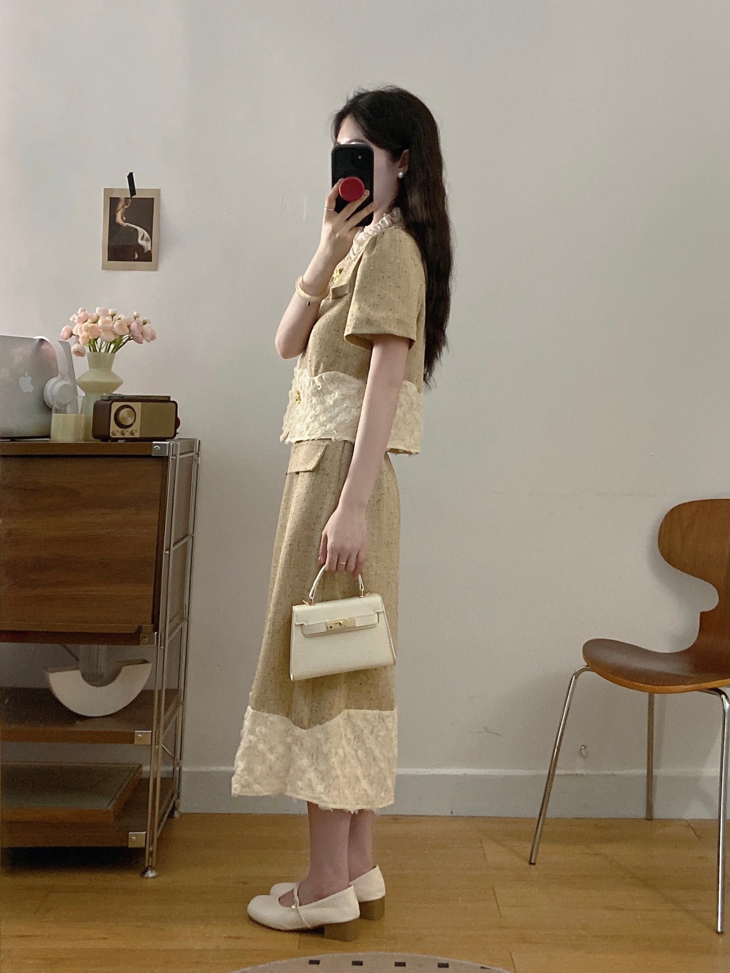 French Style Textured Tweed Co-ord -Lace Patchwork Jacket & Skirt