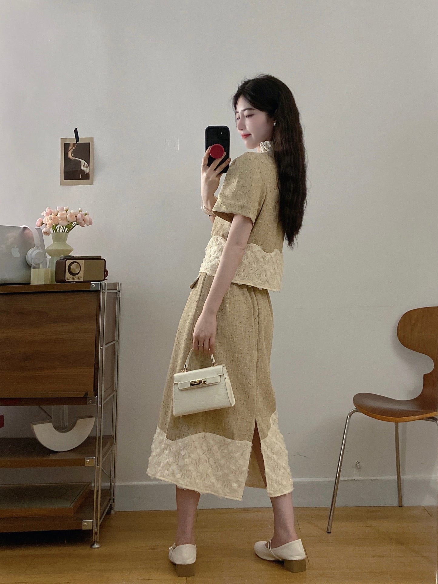 French Style Textured Tweed Co-ord -Lace Patchwork Jacket & Skirt