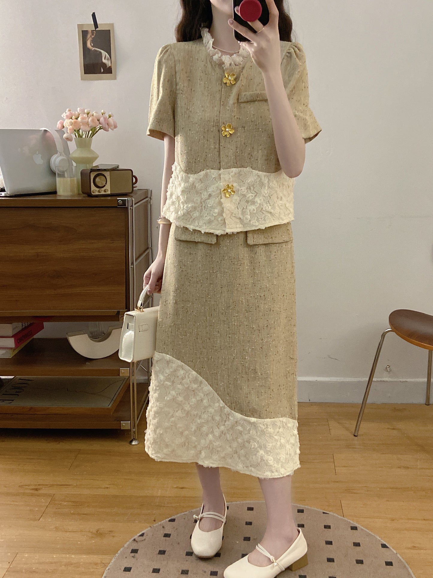French Style Textured Tweed Co-ord -Lace Patchwork Jacket & Skirt
