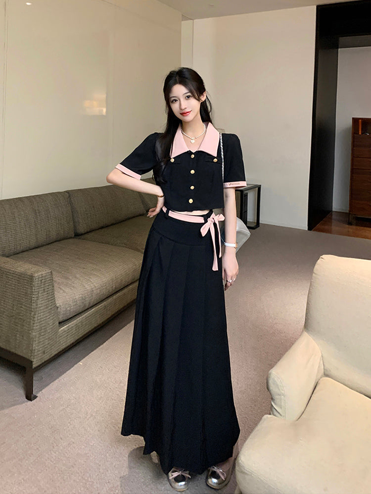 Plus Size Vintage Contrast Collar Two-Piece Set- Pleated Maxi Skirt And Button-Down  Crop Top