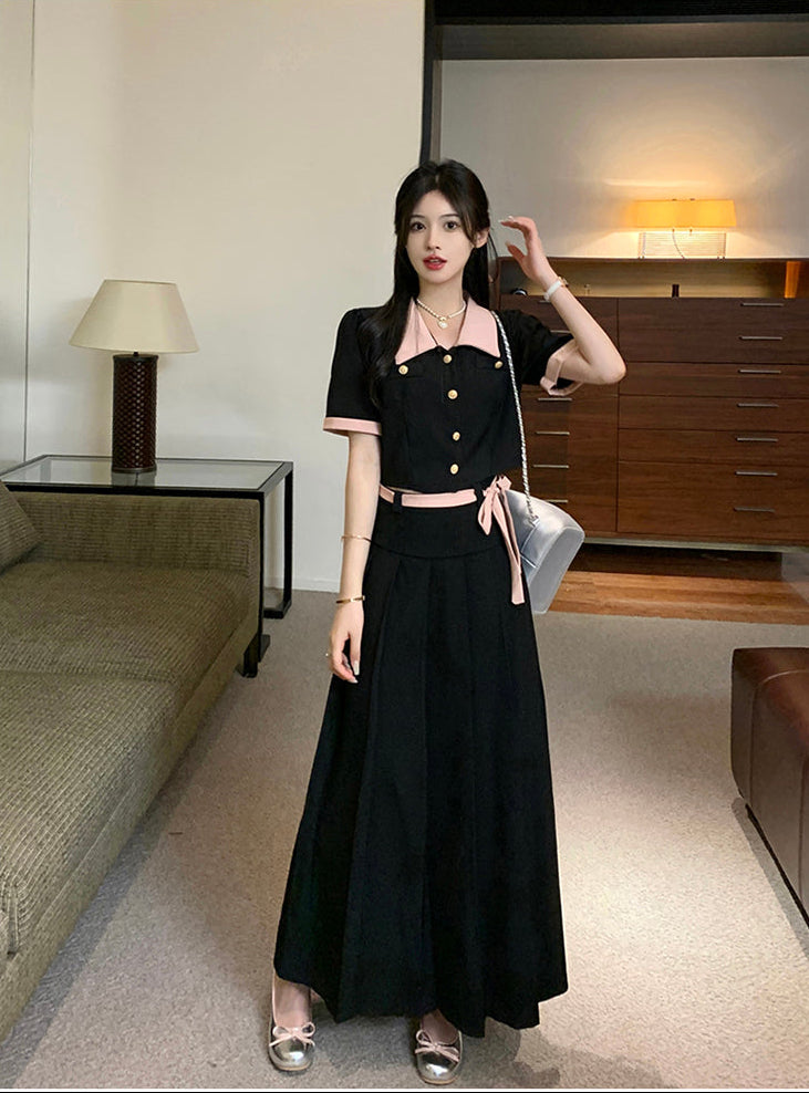 Plus Size Vintage Contrast Collar Two-Piece Set- Pleated Maxi Skirt And Button-Down  Crop Top