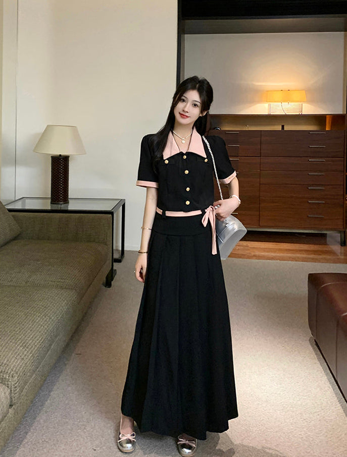 Plus Size Vintage Contrast Collar Two-Piece Set- Pleated Maxi Skirt And Button-Down  Crop Top