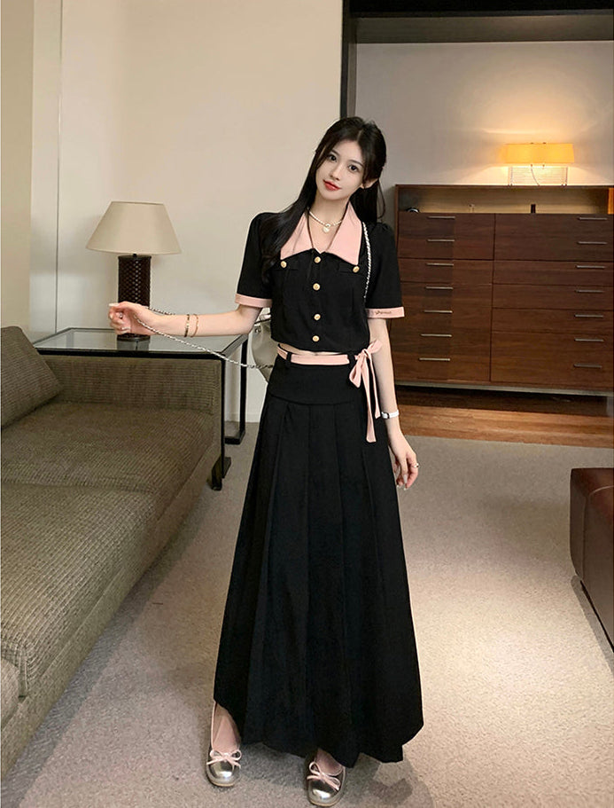 Plus Size Vintage Contrast Collar Two-Piece Set- Pleated Maxi Skirt And Button-Down  Crop Top