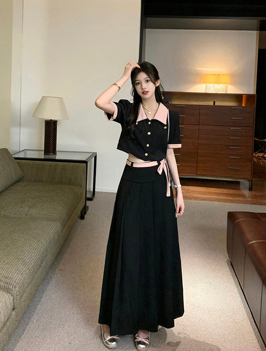 Plus Size Vintage Contrast Collar Two-Piece Set- Pleated Maxi Skirt And Button-Down  Crop Top