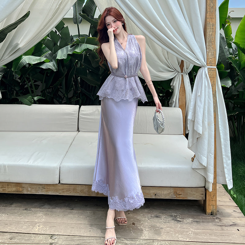V-Neck Lace Peplum Top & Satin Maxi Skirt Two-Piece Dress Set