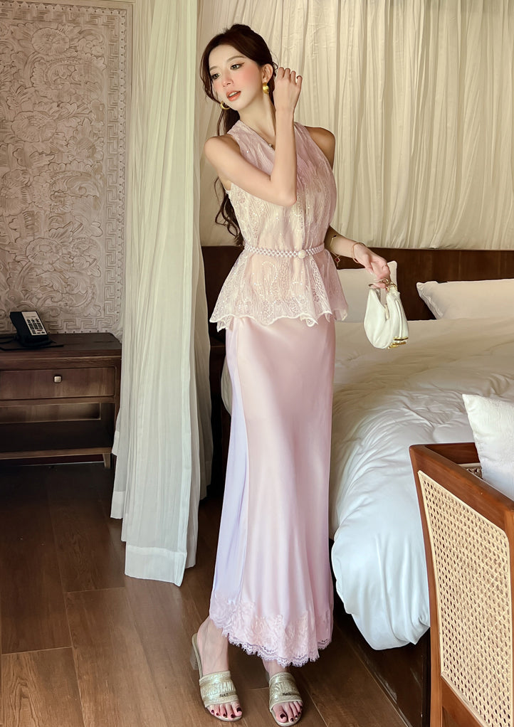 V-Neck Lace Peplum Top & Satin Maxi Skirt Two-Piece Dress Set
