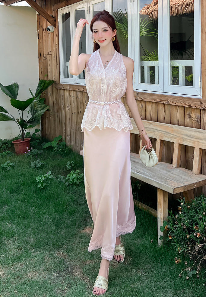 V-Neck Lace Peplum Top & Satin Maxi Skirt Two-Piece Dress Set
